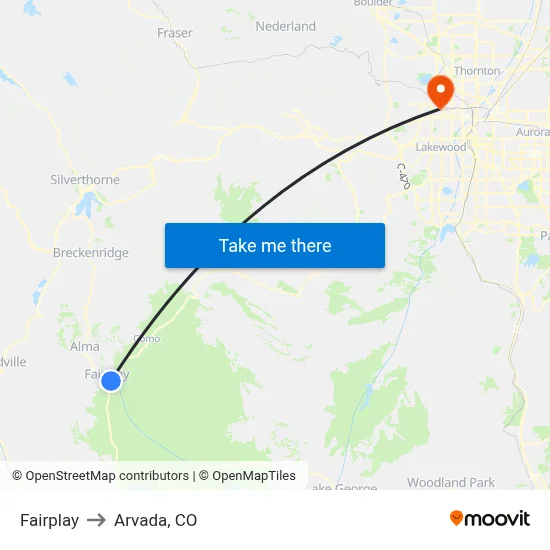 Fairplay to Arvada, CO map