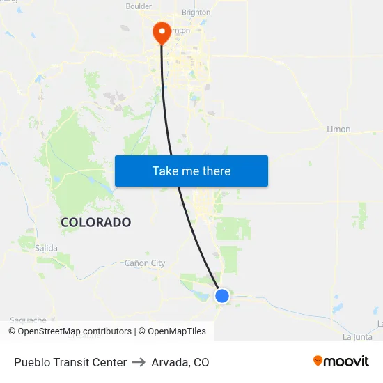 Pueblo Transit Center to Arvada, CO map