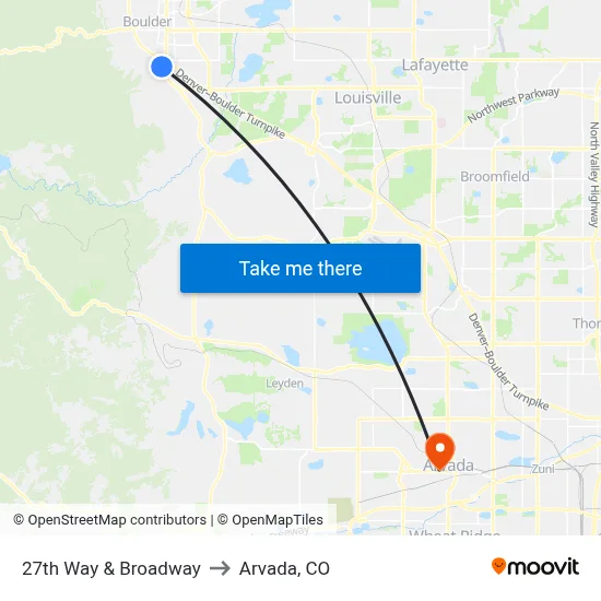 27th Way & Broadway to Arvada, CO map