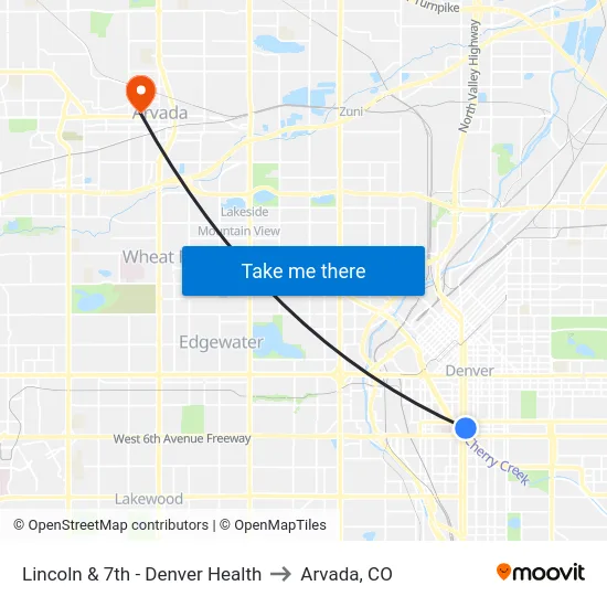 Lincoln & 7th - Denver Health to Arvada, CO map