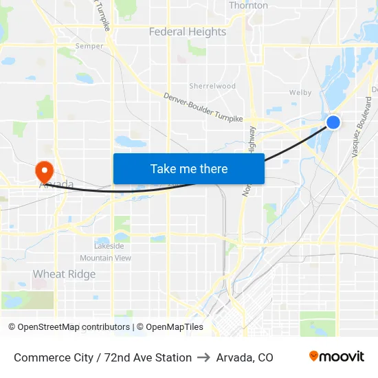 Commerce City / 72nd Ave Station to Arvada, CO map