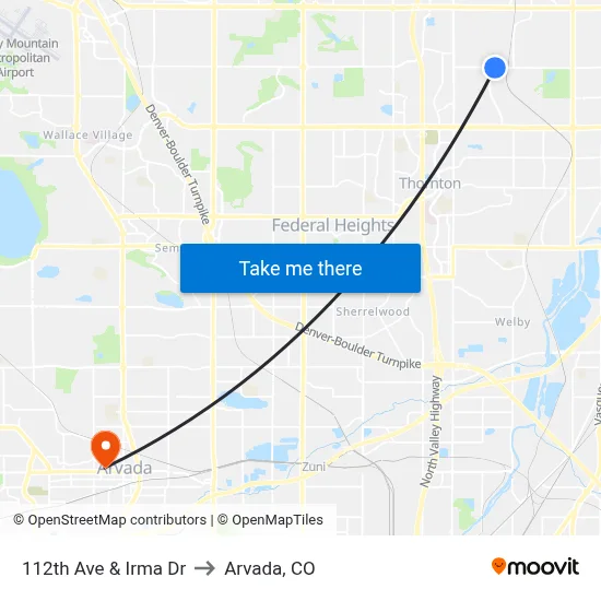 112th Ave & Irma Dr to Arvada, CO map