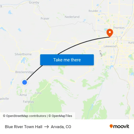 Blue River Town Hall to Arvada, CO map