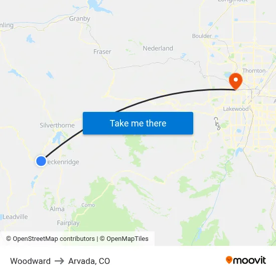 Woodward to Arvada, CO map
