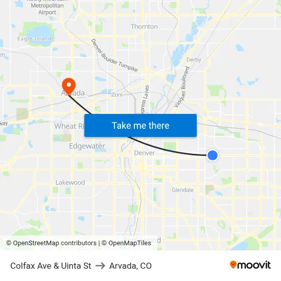 Colfax Ave & Uinta St to Arvada, CO map