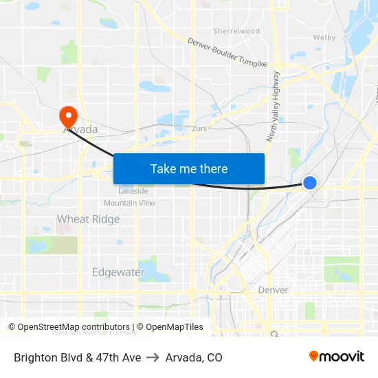 Brighton Blvd & 47th Ave to Arvada, CO map
