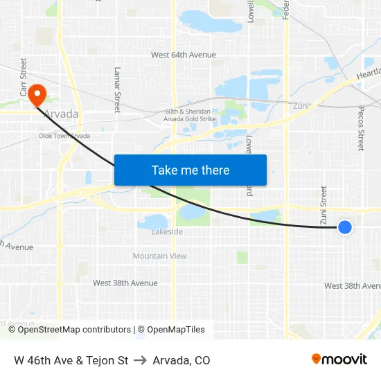 W 46th Ave & Tejon St to Arvada, CO map