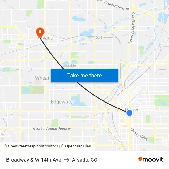 Broadway & W 14th Ave to Arvada, CO map