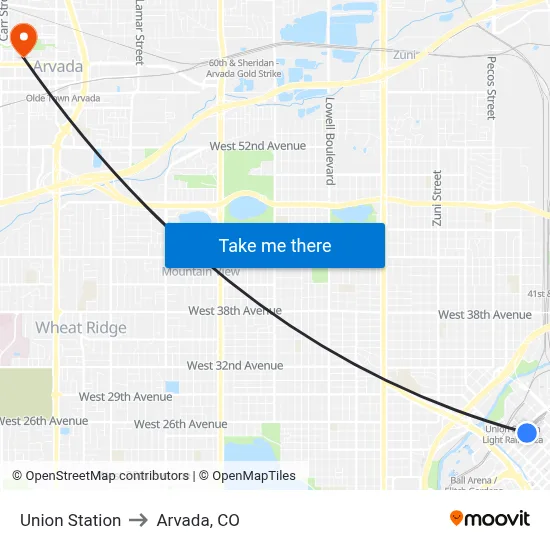 Union Station to Arvada, CO map
