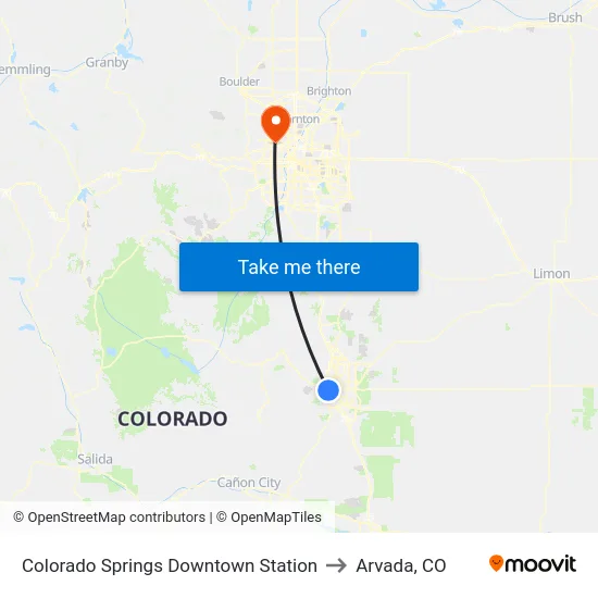 Colorado Springs Downtown Station to Arvada, CO map