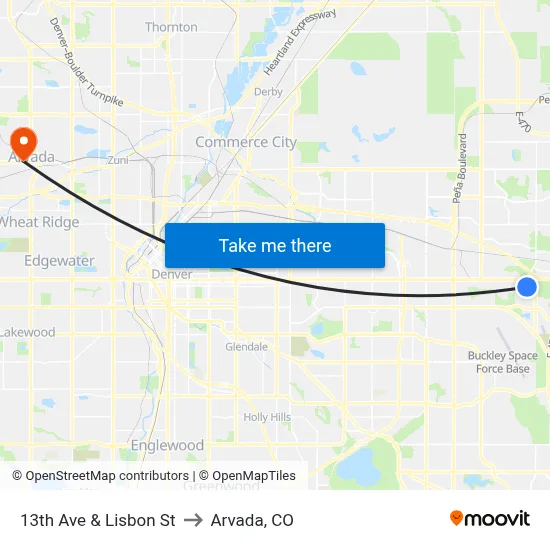 13th Ave & Lisbon St to Arvada, CO map