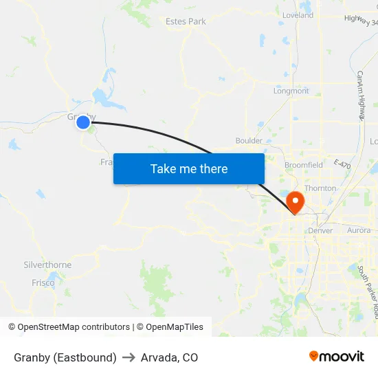 Granby (Eastbound) to Arvada, CO map