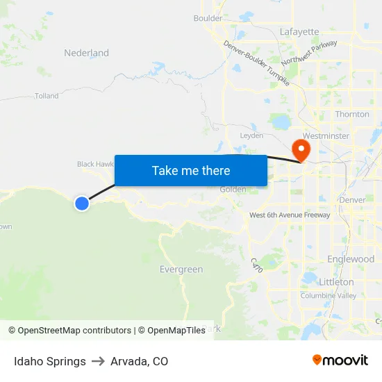 Idaho Springs to Arvada, CO map