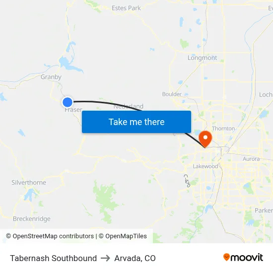 Tabernash Southbound to Arvada, CO map