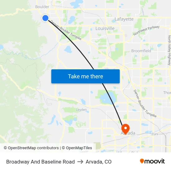 Broadway And Baseline Road to Arvada, CO map