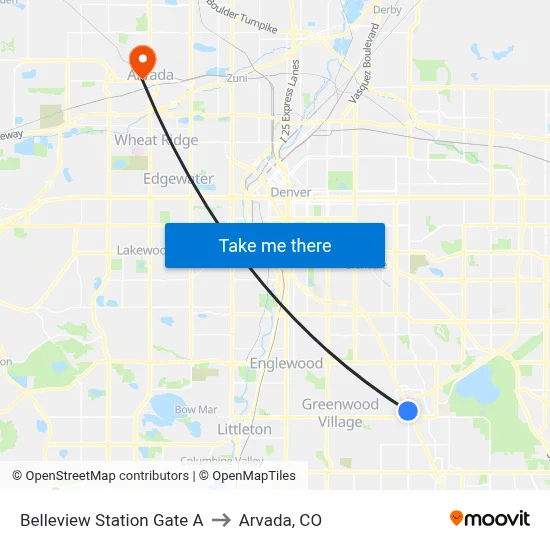 Belleview Station Gate A to Arvada, CO map