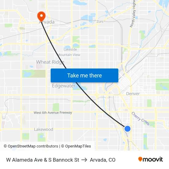 W Alameda Ave & S Bannock St to Arvada, CO map