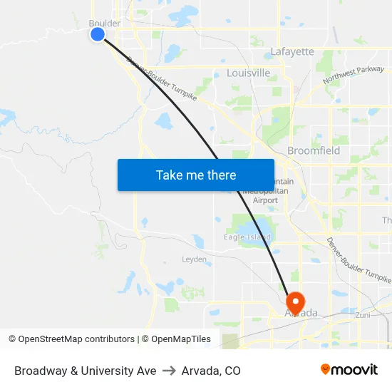 Broadway & University Ave to Arvada, CO map