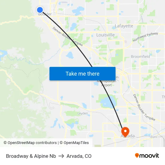 Broadway & Alpine Nb to Arvada, CO map