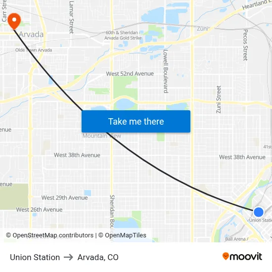 Union Station to Arvada, CO map