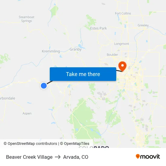Beaver Creek Village to Arvada, CO map