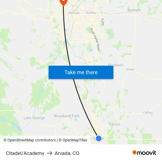 Citadel/Academy to Arvada, CO map