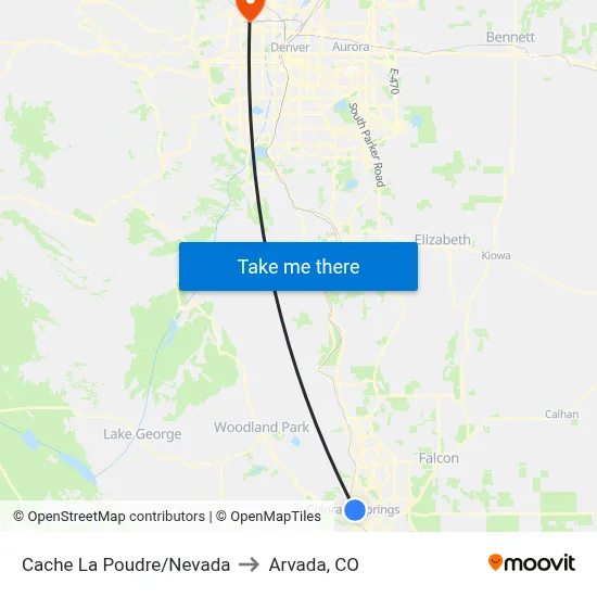 Cache La Poudre/Nevada to Arvada, CO map
