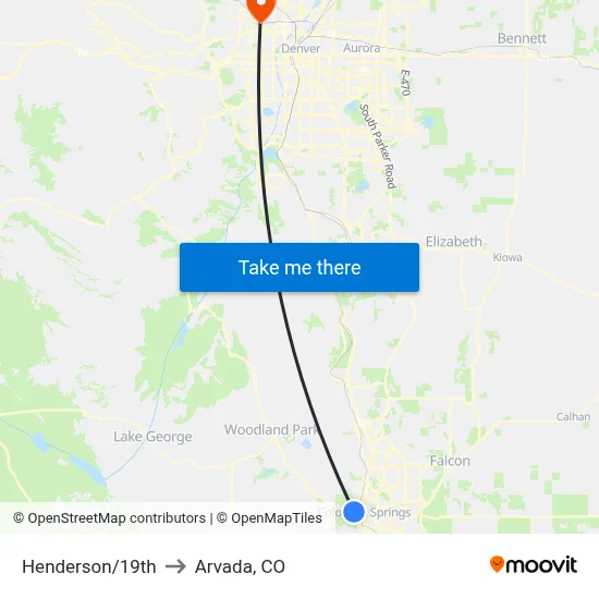 Henderson/19th to Arvada, CO map