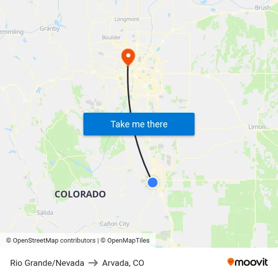 Rio Grande/Nevada to Arvada, CO map