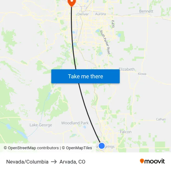Nevada/Columbia to Arvada, CO map