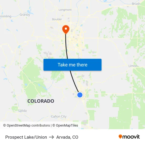 Prospect Lake/Union to Arvada, CO map