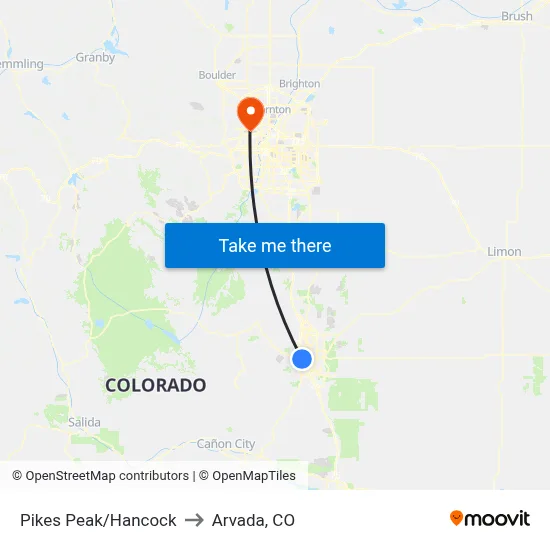 Pikes Peak/Hancock to Arvada, CO map