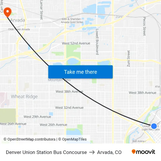 Denver Union Station Bus Concourse to Arvada, CO map