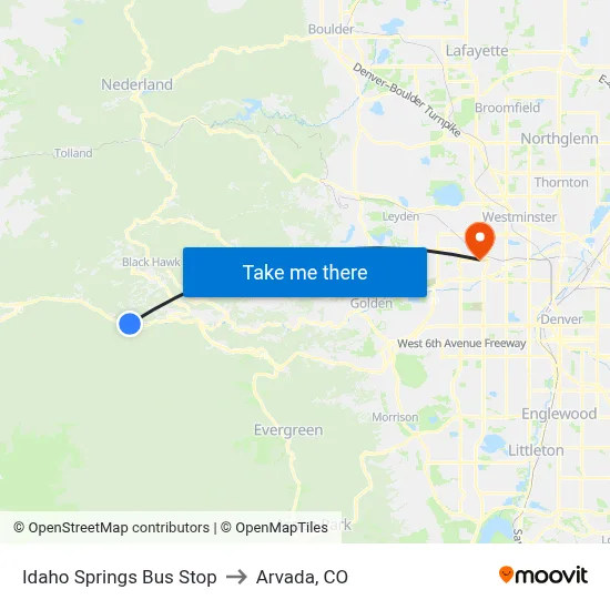 Idaho Springs Bus Stop to Arvada, CO map