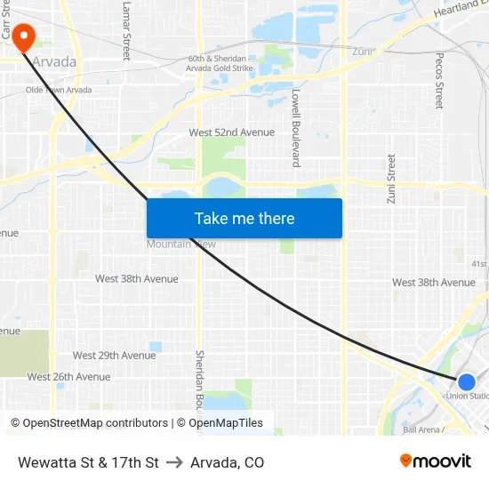 Wewatta St & 17th St to Arvada, CO map