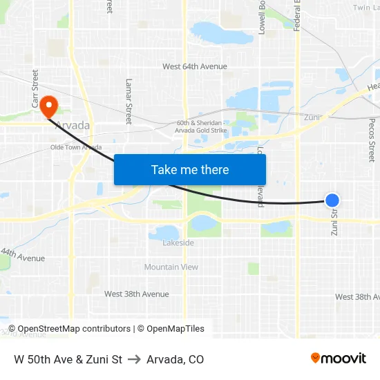 W 50th Ave & Zuni St to Arvada, CO map