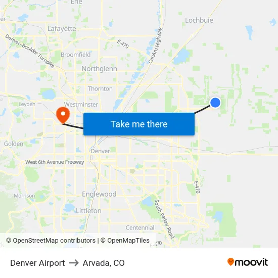 Denver Airport to Arvada, CO map