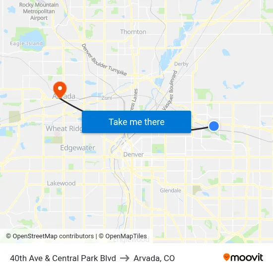 40th Ave & Central Park Blvd to Arvada, CO map
