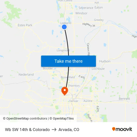 Wb SW 14th & Colorado to Arvada, CO map