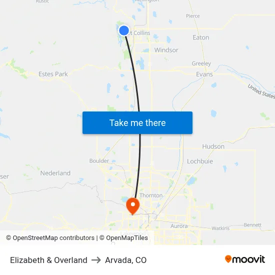 Elizabeth & Overland to Arvada, CO map