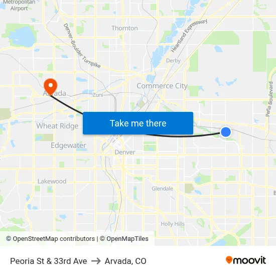 Peoria St & 33rd Ave to Arvada, CO map