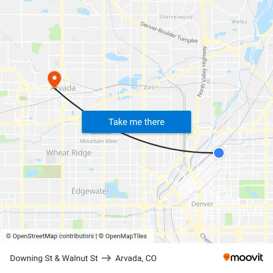 Downing St & Walnut St to Arvada, CO map