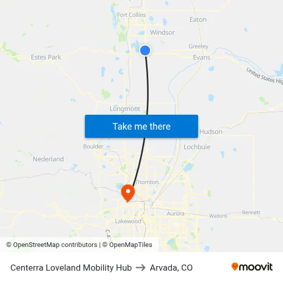 Centerra Loveland Mobility Hub to Arvada, CO map