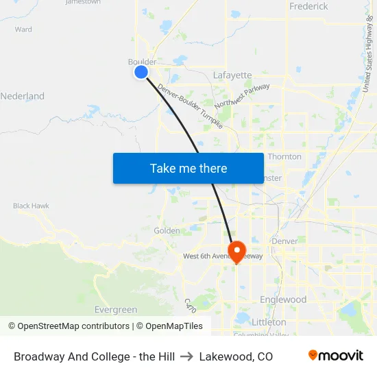 Broadway And College - the Hill to Lakewood, CO map