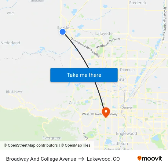 Broadway And College Avenue to Lakewood, CO map