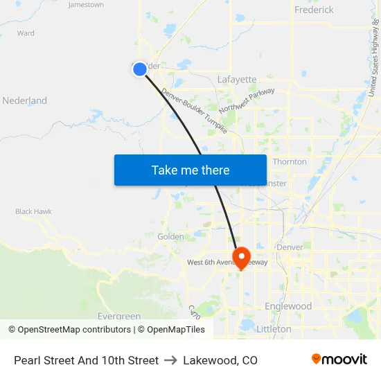 Pearl Street And 10th Street to Lakewood, CO map