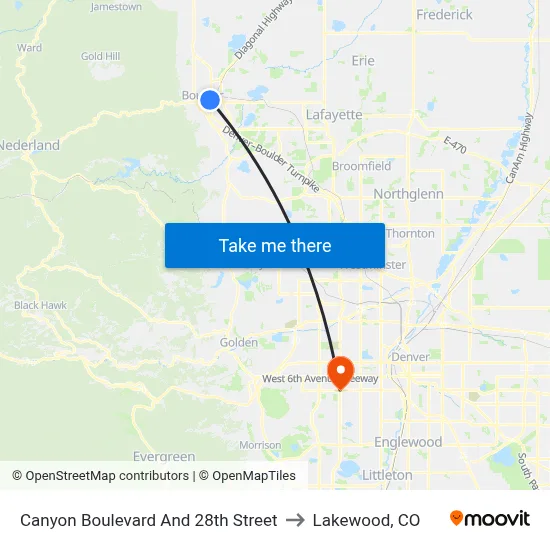Canyon Boulevard And 28th Street to Lakewood, CO map