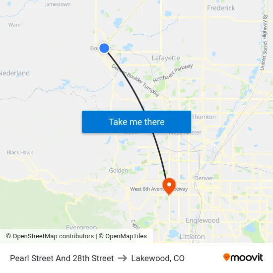 Pearl Street And 28th Street to Lakewood, CO map