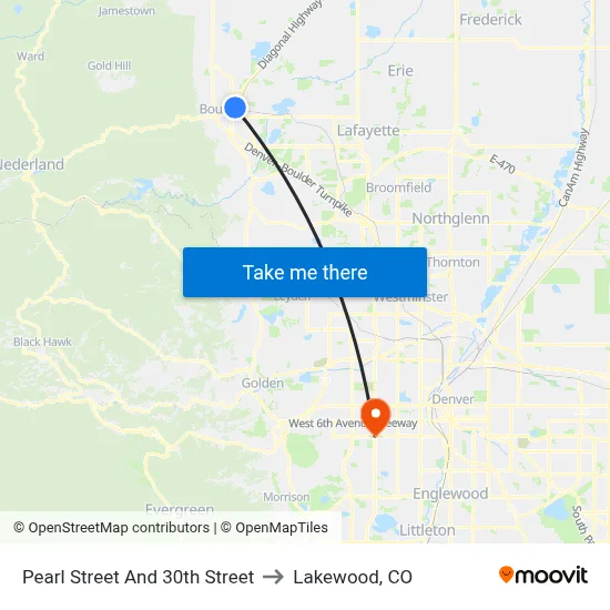 Pearl Street And 30th Street to Lakewood, CO map