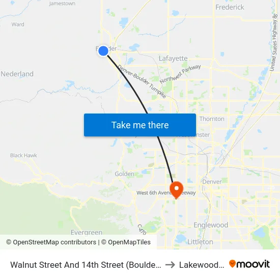 Walnut Street And 14th Street (Boulder Station) to Lakewood, CO map